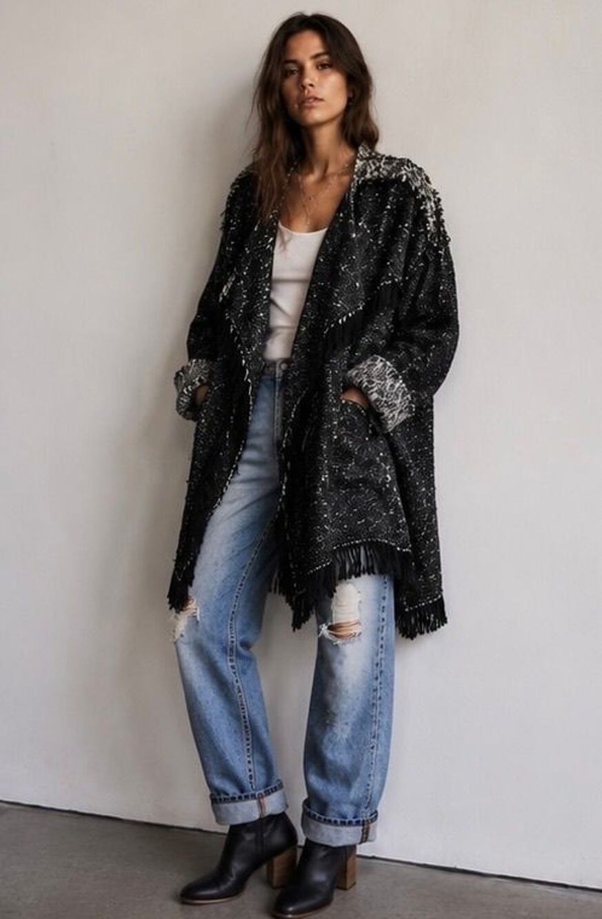Free People Rare Fringe Wrap Blanket Coat Cardigan Black White S